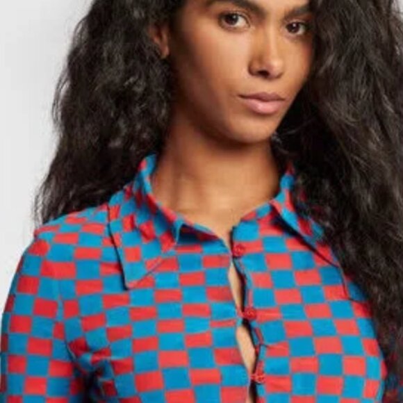 ROTATE Birger Christensen Miranda Red/Blue Mesh/Velvet Plaid CroppedShirt M $270 - Picture 12 of 14